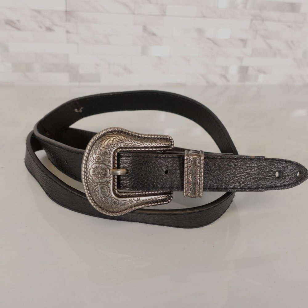 Western Black Belt SMALL 32 Women Leather Black Hippie Boho Silver Big‎ Buckle